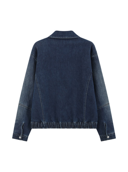 Indigo Abstract Patch Denim Jacket — back view