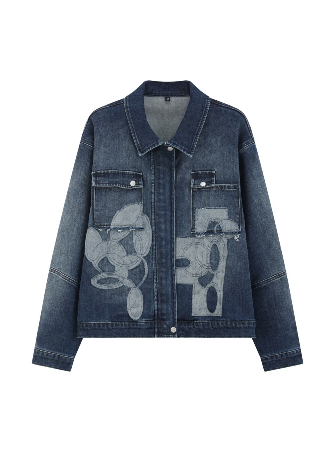 Indigo Abstract Patch Denim Jacket — front view