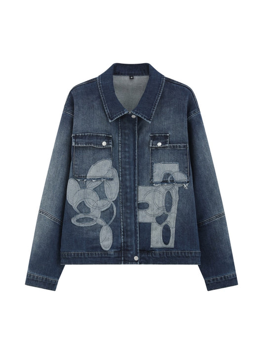 Indigo Abstract Patch Denim Jacket — front view