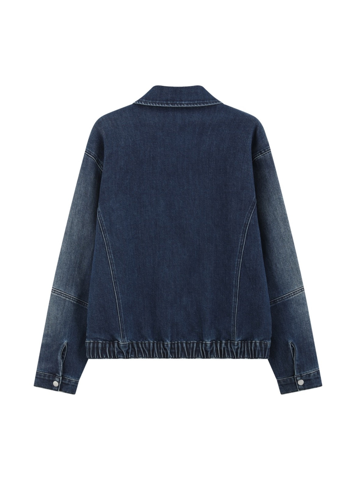 Indigo Abstract Patch Denim Jacket — back view