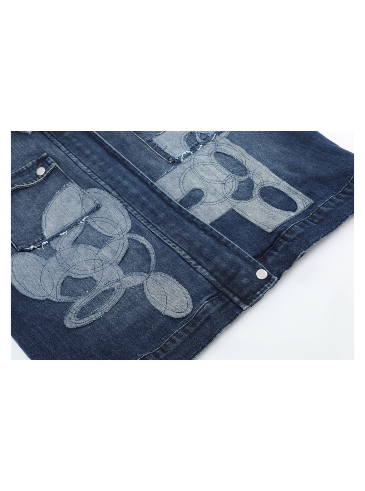 Indigo Abstract Patch Denim Jacket — detail 4