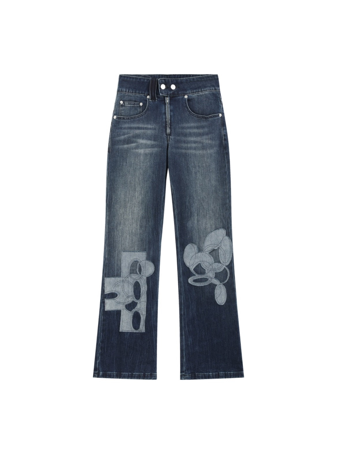 Indigo Abstract Patch Wide-Leg Jeans — front view