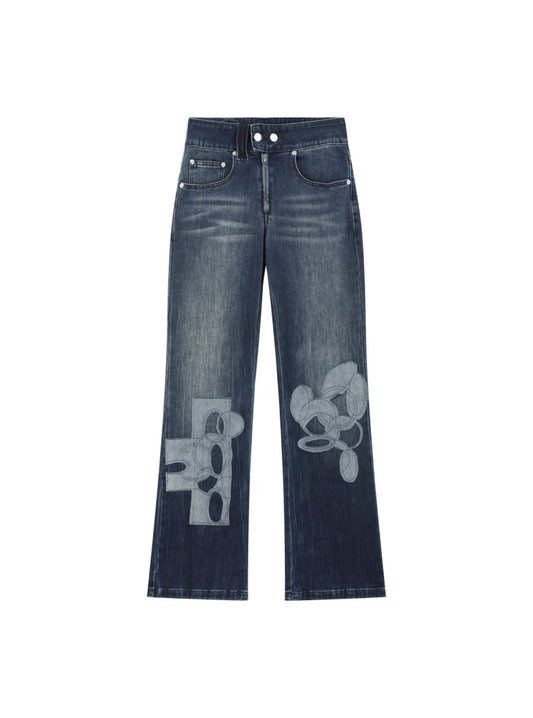 Indigo Abstract Patch Wide-Leg Jeans — front view